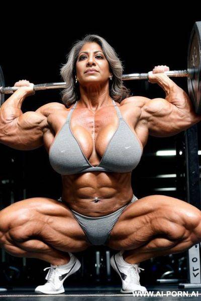 Mature indian gilf with grey hair. huge muscles and massive breasts. squatting, showing huge clitoris, no panties, drenched in sweat - ai-porn.ai - India on pornintellect.com
