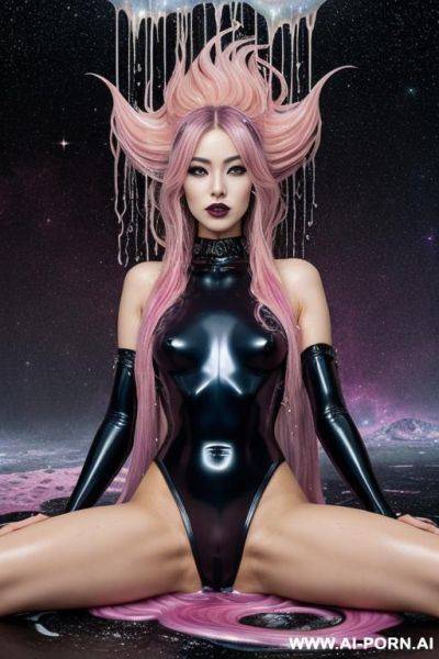 Fantasy, fantasy cosmic monster woman, fantasy cosmic creature, semi liquid cosmic woman, whole body made of colourful cosmic semi liquid, completely naked, dripping cosmic semi liquid from her whole - ai-porn.ai on pornintellect.com