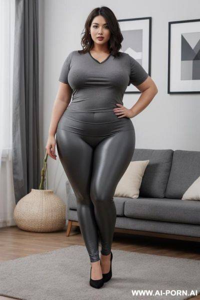 Chubby woman, full body, standing, fair skin, square face, nose pearing, triangular hips, thick thighs, wearing gray leggings, wearing a black t-shirt, living room - ai-porn.ai on pornintellect.com