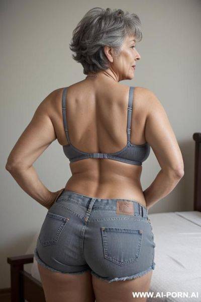Back view, big ass, 0-year-old grandmother, full body, standing, lady, short gray hair, clearly visible age marks, triangular hips, thick thighs, wearing blue denim shorts and bikini bra, double bedroom - ai-porn.ai on pornintellect.com