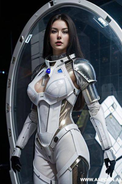 (close up) ((gorgeous woman) in (partially transparent armored space combat suit)) (spacecraft armory) - ai-porn.ai on pornintellect.com