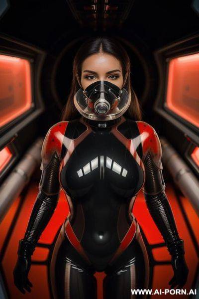 (close up) ((extremely tanned gorgeous woman) in (transparent (black and red) armored space combat suit) (oxygen mask)) (spacecraft docking bay) - ai-porn.ai on pornintellect.com