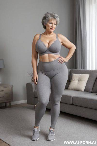 0-year-old grandmother, full body, standing, lady, short gray hair, clearly visible age marks, triangular hips, thick thighs, wearing grey leggings and bra, living room - ai-porn.ai on pornintellect.com