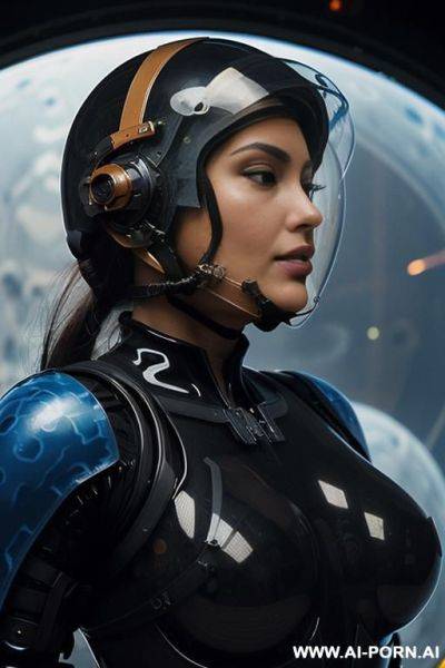 (close up) ((extremely tanned gorgeous woman) in (completely open topless) (partially transparent armored (black and blue) flight suit) (wearing flight helmet and flight mask)) (spacecraft launch bay) - ai-porn.ai on pornintellect.com