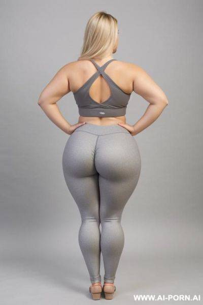 Back view, chubby woman, full body, standing, blonde hair, triangular hips, thick thighs, hands on hips, wearing grey leggings and top tank - ai-porn.ai on pornintellect.com