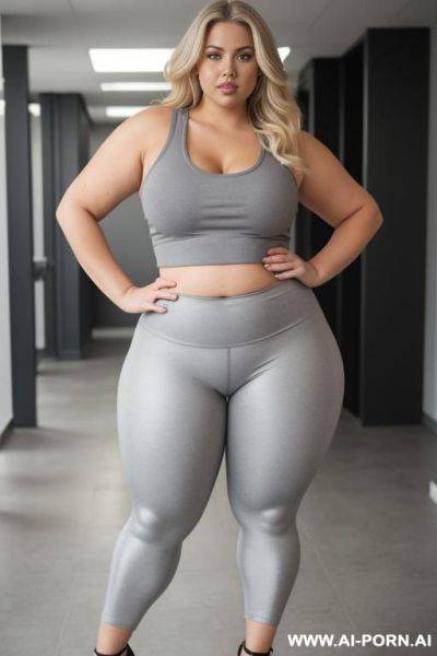Chubby woman, full body, standing, blonde hair, triangular hips, thick thighs, hands on hips, wearing grey leggings and top tank - ai-porn.ai on pornintellect.com
