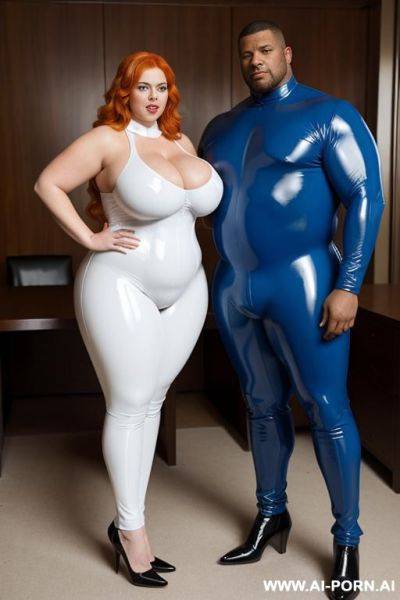 A white obese fat woman with gigantic huge boobs, ginger hair in blue latex catsuit with a black muscle man in business suit - ai-porn.ai on pornintellect.com
