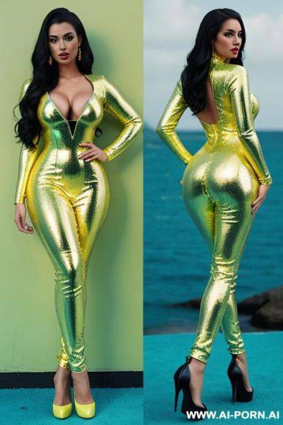 Latex, half yellow and half turqouise, catsuit mermaid dress, sequin - ai-porn.ai on pornintellect.com