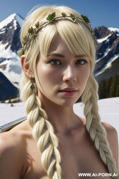 _topless armour, snowy mountain, braided hair, carrying a medieval sword, nordic scenery, flower headress, very white skin - ai-porn.ai on pornintellect.com