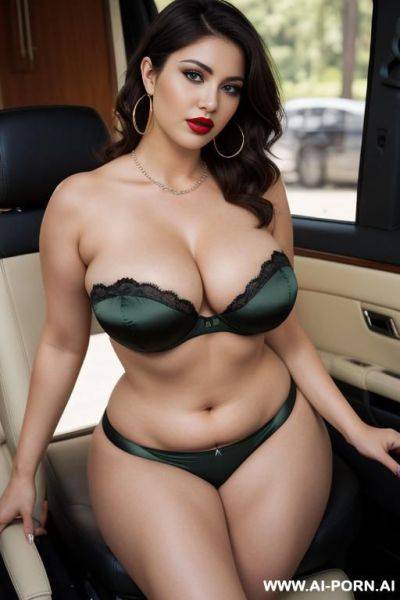 Dark green satin thong panties, dark green strapless satin bra, arafed woman with big breasts (perfect boobs) (arabic) (german) (russian), huge massive boobs, looks seductively at the viewer, eye - ai-porn.ai - Germany - Russia on pornintellect.com