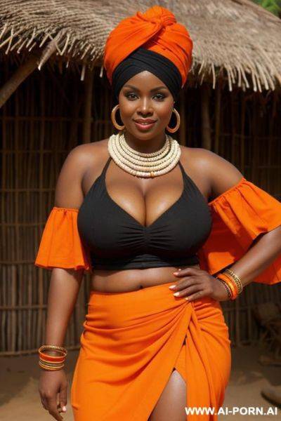 Beautiful thick african tribal woman outside of hut in (long tight covering skirt) waist orange turban and tight black shirt cleavage - ai-porn.ai on pornintellect.com