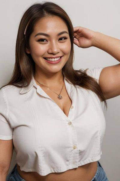 (((face closeup))), (((wide face))), (((adjusting hair))), looking at viewer, front facing, headshot, front view, a chubby shorty filipina milf is modeling in a studio. she has her hands in her - ai-porn.ai on pornintellect.com