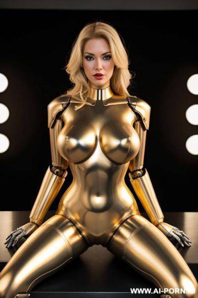 Sexy blonde robot with fully metallic body and huge tits being taken into parts on a table, inside robotic parts visible inside the chest, full body view - ai-porn.ai on pornintellect.com