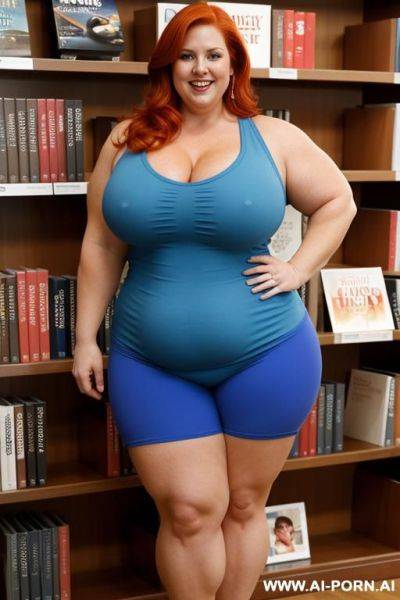 Beautiful redhead obese housewife, sexy and buxom, attractive smile, in a bookstore, wearing a tight tank top and tight shorts, nice cleavage, strong muscular obese body standing, showing off her - ai-porn.ai on pornintellect.com
