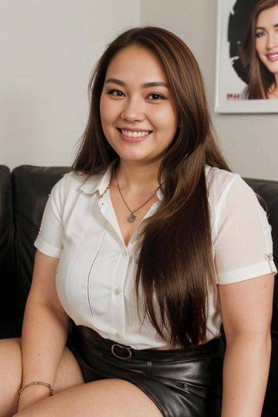 (((face closeup))), (((fat face))), (((extremely long hair))), looking at viewer, front facing, (((headshot))), front view, a chubby shorty filipina milf is modeling in a studio. she has her hands - ai-porn.ai on pornintellect.com