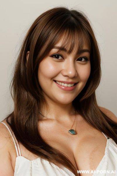 (((face closeup))), (((fat face))), (((round face))), (((extremely long hair))), looking at viewer, front facing, (((headshot))), front view, a chubby shorty filipina milf is modeling in a studio. she - ai-porn.ai on pornintellect.com