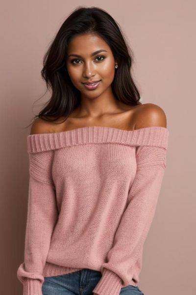 Pretty face, gorgeous perfect body, perfect natural breasts, firm hard large nipples, dark tanned skin, sly smile, extreme closeup, closeup view, head and shoulder portrait, (((tanned))), professional photo studio background, fully clothed, pink sweater - ai-porn.ai on pornintellect.com