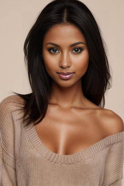Pretty face, gorgeous perfect body, perfect natural breasts, firm hard large nipples, dark tanned skin, sly smile, extreme closeup, closeup view, head and shoulder portrait, (((tanned))), professional photo studio background, fully clothed, beige sweater - ai-porn.ai on pornintellect.com