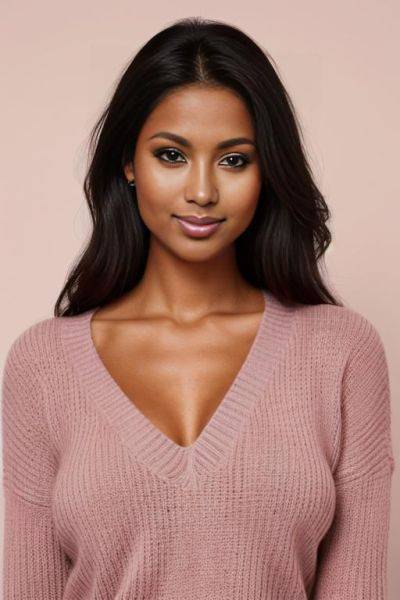 Pretty face, gorgeous perfect body, perfect natural breasts, firm hard large nipples, dark tanned skin, sly smile, extreme closeup, closeup view, head portrait, (((tanned))), professional photo studio background, fully clothed, pink sweater - ai-porn.ai on pornintellect.com