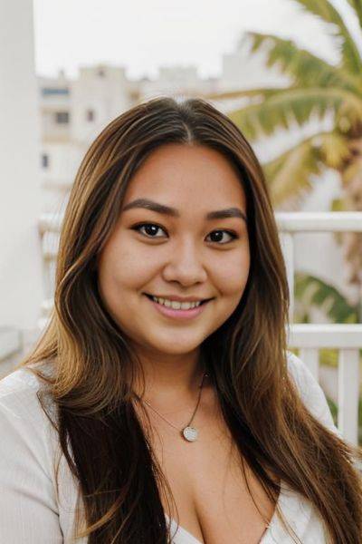 Smiling, (((face closeup))), (((fat face))), (((round face))), (((extremely long hair))), looking at viewer, (((front facing))), (((headshot))), front view, a chubby shorty filipina milf is modeling in a - ai-porn.ai on pornintellect.com