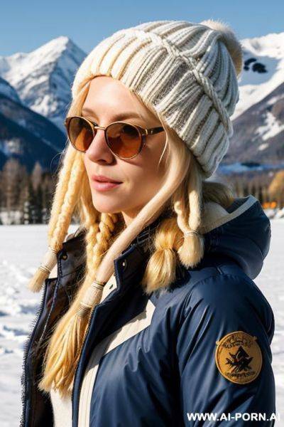 Modest, delicate, natural, sporty, snow all around, winter jacket, circular blue sunglasses, slender, very long blonde hair, mountains, sunny weather, winter jacket, winter woolen cap, gloves, - ai-porn.ai on pornintellect.com