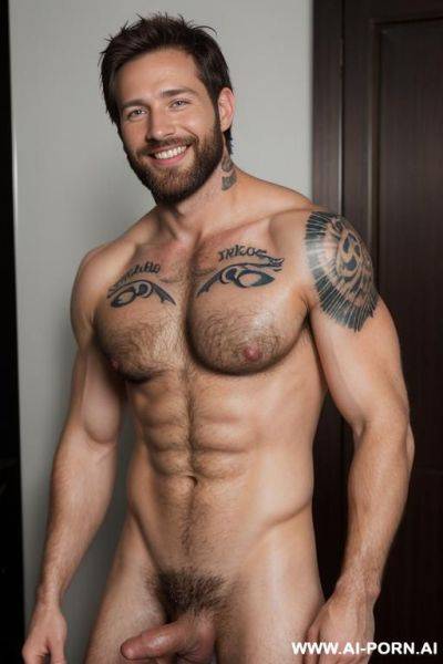 (realistic), (photorealistic), (real photo), (30 years old man), (full photo), brown hair, beard, mischievous smile, muscular, very hairy, completely naked, attractive, big penis, totally naked, full - ai-porn.ai on pornintellect.com