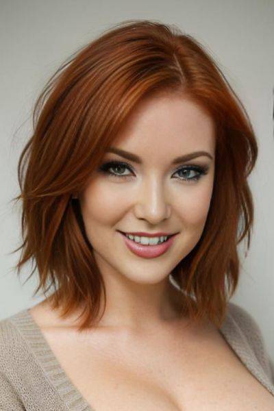 One sexy curvy auburn-haired woman, green eyes, nude, closeup, headshot photo, extreme closeup, professional head shot, fully clothed, pink sweater, feathered medium hair, short hair flowing over eyes, shoulder-length hair over face - ai-porn.ai on pornintellect.com