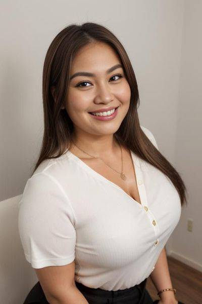 (((wide face))), ((touching hair)), looking at viewer, front facing, headshot, front view, a chubby shorty filipina milf is modeling in a studio. she has her hands in her hair. she is smiling. - ai-porn.ai on pornintellect.com