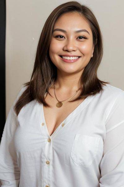 (((wide face))), front facing, headshot, front view, a chubby shorty filipina milf is posing in a studio. she has her hands in her hair. she is smiling. she has blonde highlights in her - ai-porn.ai on pornintellect.com