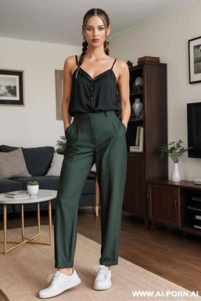 Brown hair, two short braids, black short blouse with a square neckline, dark green trousers, sneakers - ai-porn.ai on pornintellect.com
