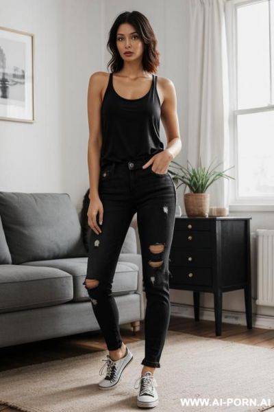 Medium loose hair, black short tank top with straps, jeans, sneakers - ai-porn.ai on pornintellect.com