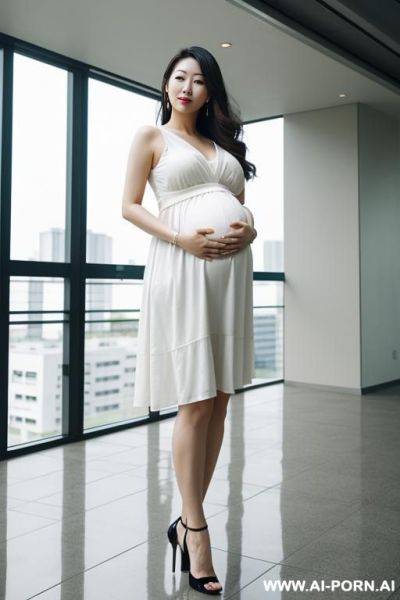 East asian woman, ((detailed face)), pregnant, , wearing a sundress, in a modern building, full body view - ai-porn.ai on pornintellect.com
