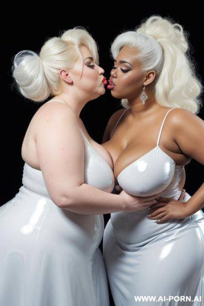 A white obese fat woman with gigantic huge boobs, ginger hair in blue latex ball gown kissing a black obese fat woman with gigantic huge boobs, white hair in white latex ball gown - ai-porn.ai on pornintellect.com