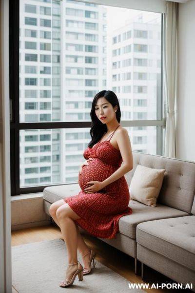 East asian woman, ((detailed face)), pregnant, , wearing a sundress, in a modern apartment - ai-porn.ai on pornintellect.com