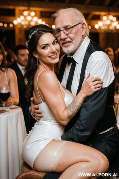 ((((medium full shot)))) ((((right behind stading oldman hugging boobs)))) ((((keep same face)))) at de wedding celebration ((((sitting position sexy showing legs)))) pretty face italian wife lot jacket - ai-porn.ai - Italy on pornintellect.com