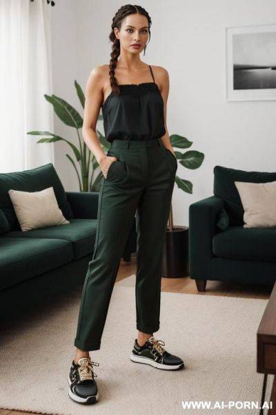 Brown hair, two short braids, black short blouse with a square neckline, dark green trousers, sneakers - ai-porn.ai on pornintellect.com
