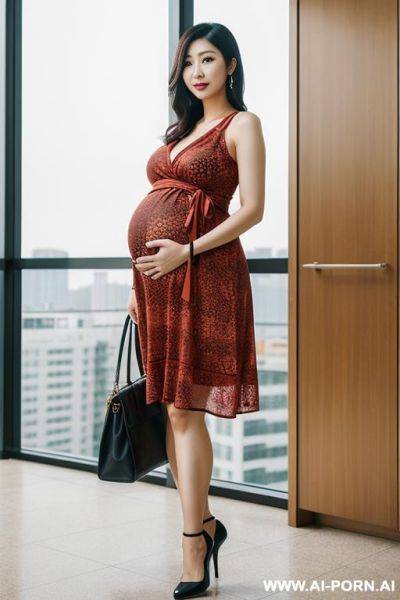 East asian woman, ((detailed face)), pregnant, , wearing a sundress, in a modern building, full body view - ai-porn.ai on pornintellect.com
