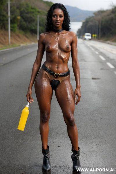 Hardworking brown skin ebony woman. covered in oil and watery skin. horrible clothes, tattered clothes. flesh and soft thighs. exposed thighs. skirt starts from chest. higher waist closer to chest. - ai-porn.ai on pornintellect.com