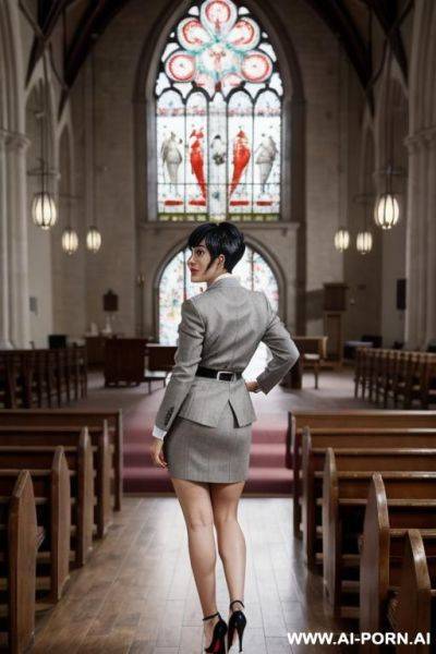 _photo realistic, light grey tweed coat and skirt, white skin, perfect teardrop massive boobs, red lipstick, bracelets, necklace, earrings, show boobs - ai-porn.ai on pornintellect.com