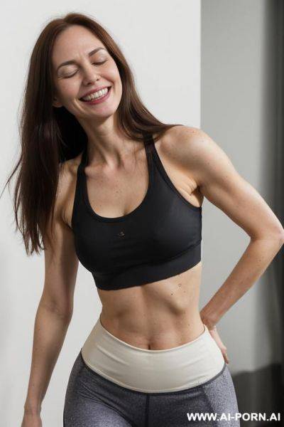Natural white woman. extra long hair, excited loud laugh, ((looking up)), ((very big distant eyes with eyebags)), ((extra wide mouth, wide smile)), ((((naughty grin with closed eyes)))), ((short - ai-porn.ai on pornintellect.com