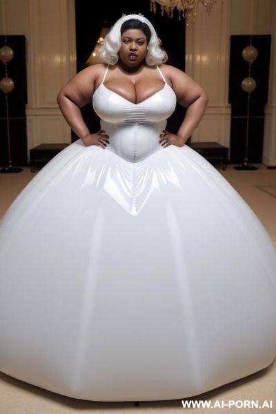 A white obese fat woman with gigantic huge boobs, ginger hair in blue latex ball ball gown and a ebony obese fat woman with gigantic huge boobs, white hair in white latex ball gown - ai-porn.ai on pornintellect.com