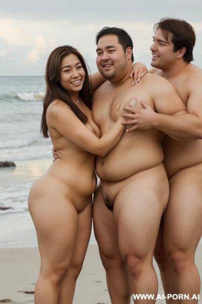 One filipina woman and two very tall men hugging, she has a fat round face, he is much taller than her, single woman and two men, two men and one woman, man looking at woman, muscular - ai-porn.ai on pornintellect.com