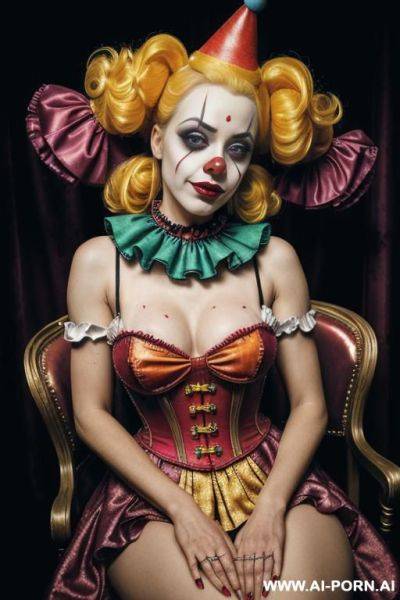 Clown, goth skin, red lips, topless, show nipples, front view extreme close up - ai-porn.ai on pornintellect.com