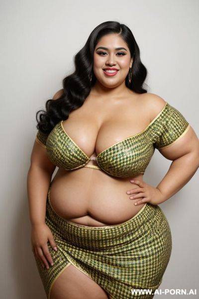 Bbw, super fat woman, round belly, ditzy beautiful mexican, hourglass figure, tight jeans, very wide hips, gorgeous face, long hair, hypnotized, extremely thicc, very chubby, wide and plumping up, chola, chicana - ai-porn.ai - Mexico on pornintellect.com