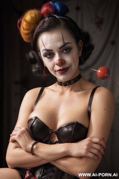 _clown, goth skin, red lips, ((topless, open boobs, show nipples)), front view extreme close up, flower garden - ai-porn.ai on pornintellect.com