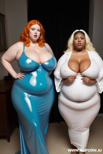 A white obese fat woman with gigantic huge boobs, ginger hair in blue latex nightgown and a ebony obese fat woman with gigantic huge boobs, white hair in white latex nightgown - ai-porn.ai on pornintellect.com
