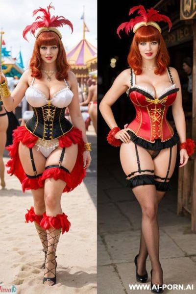 Woman, hairy pussy, lesbian sex, red head, 1, european, busty, thick, beauty face, horny face, full body, spreaded legs, beach - ai-porn.ai on pornintellect.com