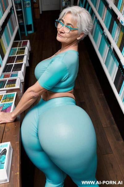 Granny in leggings, big ass, thick body, big tits, glasses, old woman, gilf, leggings, short hair, white hair - ai-porn.ai on pornintellect.com