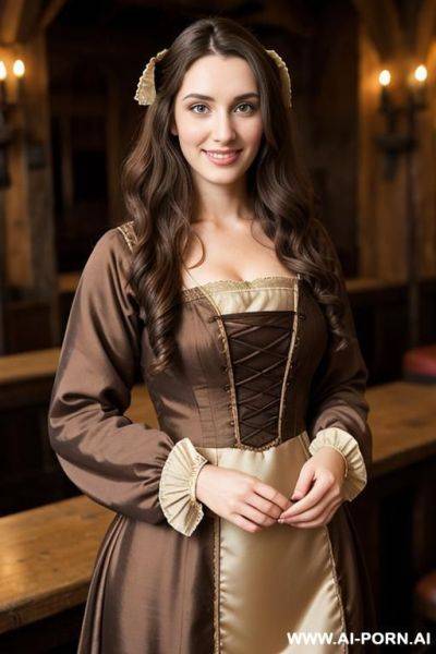 Beautiful medieval waitress, wearing modest brown dress. she has long brunette waves. - ai-porn.ai on pornintellect.com