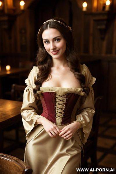 Beautiful medieval waitress, wearing modest brown dress. she has long brunette waves. hairy pussy - ai-porn.ai on pornintellect.com